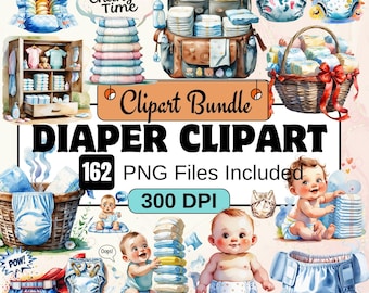 162 Diaper Clipart,Watercolor baby diaper clipart, Diaper PNG Bundle,nursery clipart,diaper png,cute diaper illustrations,newborn clip art