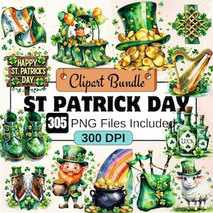 St Patrick Clipart, Patrick Tier Clipart PNG-Bundle, Aquarell Glücksklee PNG Bundle, Kleeblatt PNG Aquarell Patrick Day, Instant Digital