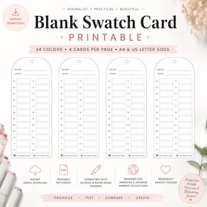 May include: A digital printable blank swatch card template featuring four vertical tags per page. Each tag includes lines for brand and series names, plus 24 numbered boxes for color testing. Text includes Blank Swatch Card, 24 Colors, 4 Cards Per Page, A4 & US Letter Sizes, and Instant Digital Download.