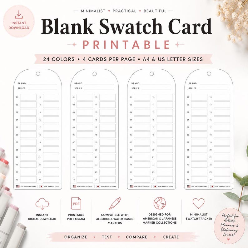May include: A digital printable blank swatch card template featuring four vertical tags per page. Each tag includes lines for brand and series names, plus 24 numbered boxes for color testing. Text includes Blank Swatch Card, 24 Colors, 4 Cards Per Page, A4 & US Letter Sizes, and Instant Digital Download.