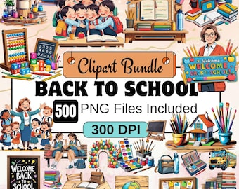 500 Back To School Clipart set bundle,School Printable, Pastel School Supplie,Cute Kawaii School Clipart, School stationery Classroom PNG