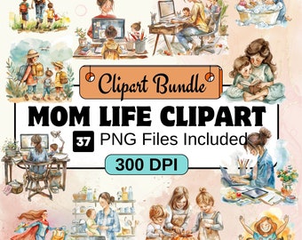 Mom Life clipart, Mom Watercolor Clipart PNG Bundle, 37 PNG Mom Life Clipart Bundle, Instant Digital Download, Commercial Use