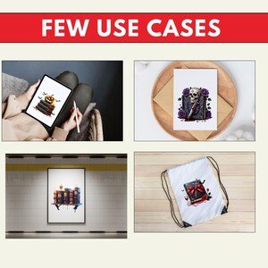 May include: The image displays four examples of how to use a product. The top left shows a tablet with a pumpkin and books illustration. The top right shows a card with a skull and roses. The bottom left shows a framed print of books. The bottom right shows a drawstring bag.