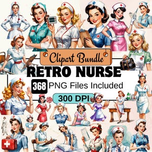 Imágenes prediseñadas de enfermera retro, paquete de imágenes prediseñadas de enfermera retro de arte pop, paquete de imágenes prediseñadas de enfermera, enfermera practicante femenina SVG, enfermera de los años 50 PNG personal sanitario femenino
