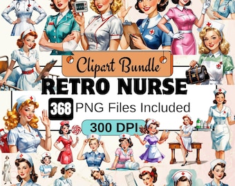 Retro Nurse Clipart, Pop Art Retro Nurse PNG Bundle,Nurse Clipart Bundle, Female Nurse practitioner SVG, 1950s Nurse PNG Female Health Staff