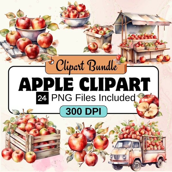 Apple Clipart, Apple Watercolor clipart bundle, 24 PNG Apple Clipart Bundle, Instant Download and Commercial Use