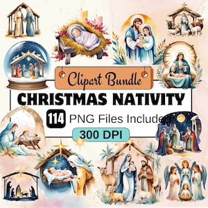 Boże Narodzenie Elementy Clipart, Boże Narodzenie Clipart PNG Bundle, 114 PNG Boże Narodzenie Nativity Clipart Bundle, Natychmiastowe Pobieranie Cyfrowe, Komercyjne