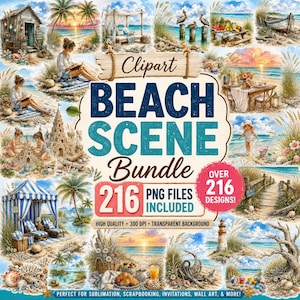 Beach Scene Clipart Bundle 216 PNG Summer Beach Clipart Tropical Ocean Elements Coastal Vacation Graphics | Commercial Use Transparent PNG