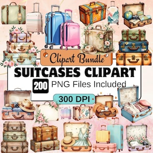 May include: A selection of watercolour suitcases in various sizes and colours, including blue, pink, and brown. The image includes the text "Suitcases Clipart" and "200 PNG Files Included."