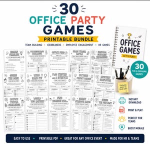 Op de afbeelding: Een printbaar pakket met 30 kantoorfeestspellen met diverse activiteitenbladen met titels zoals Human Timeline en Office Feud, een spiraalgebonden boekje, een pennenhouder met pennen en iconen voor directe download, PDF en teambetrokkenheid.