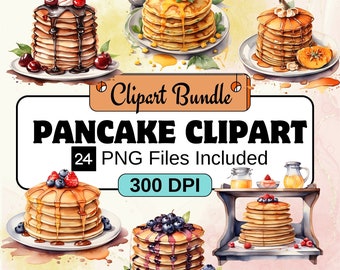 Pancake Clipart, Watercolor Pancake, Breakfast Clipart, PNG Bundle, 24 pancake Clipart Bundle, Food Clipart, Instant Digital Download