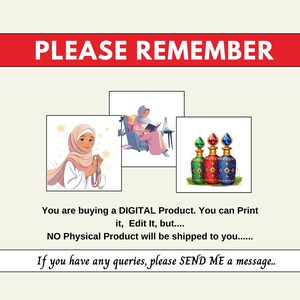 May include: Digital product image with text "PLEASE REMEMBER". The image includes illustrations of a woman wearing a hijab, reading, and decorative bottles. Text states the product is digital and not physical.