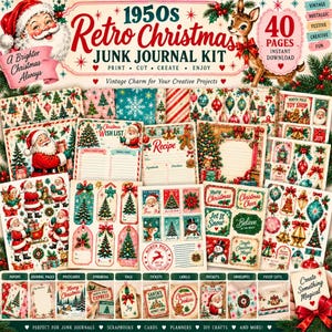 May include: A 1950s Retro Christmas junk journal kit featuring 40 pages of printable ephemera. The collection includes illustrations of Santa Claus, reindeer, Christmas trees, ornaments, and festive text. The kit contains papers, journal pages, postcards, tags, tickets, labels, pockets, envelopes, and fussy cuts.