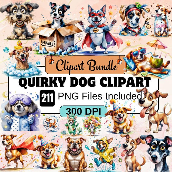 Quirky Dog Clipart,Watercolor Funny Dog PNG Bundle,Cute Silly Watercolor Dogs Puppy Whimsy Graphics,Quirky Animals,Quirky frazzled dogs