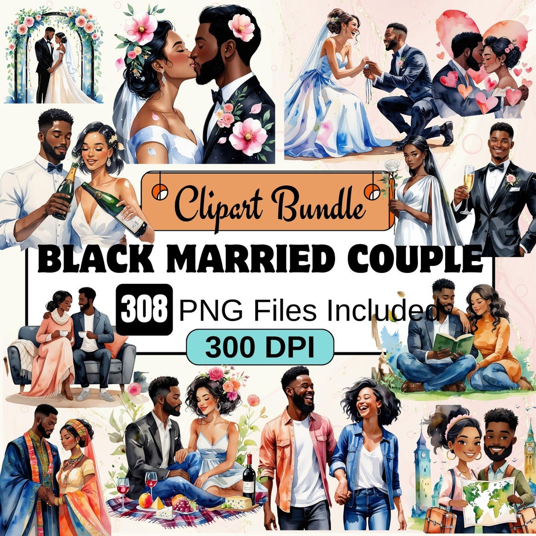 Black Bride and Black Groom Watercolor Clipart, African American Couple ...