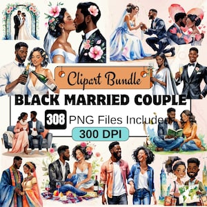 Clipart de acuarela de novia negra y novio negro, clipart de boda de pareja afroamericana, clipart de boda de novia de piel negra PNG de boda afro