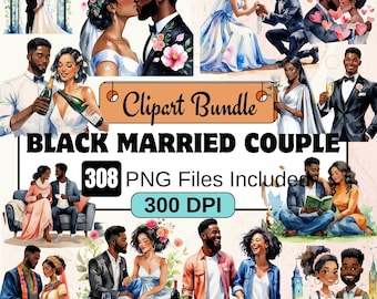 Czarna panna młoda i czarny pan młody akwarela clipart, afroamerykańska para ślub clipart, czarna skóra panna młoda ślub clipart afro ślub PNG