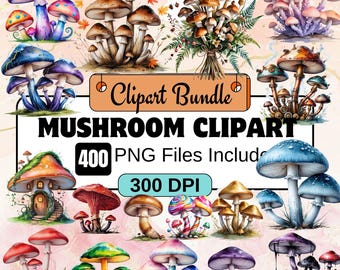 400Mushroom clipart,Watercolor mushroom png bundle,Forest Toadstool Graphic Magical Nature Illustration,Woodland mushroom png,magic mushroom