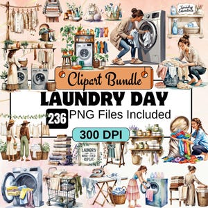 236 Clipart del giorno del bucato, Pacchetto di clipart PNG per lavatrice, Lavanderia, Faccende domestiche, Arte per l'organizzazione della casa, Vita familiare, Pulizia, Clip per il bucato