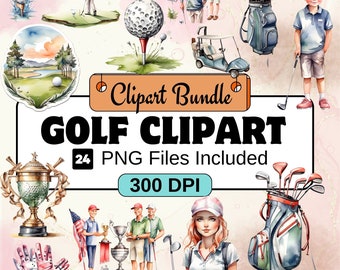 May include: A watercolour clipart bundle of golf-themed illustrations. The set includes a golf bag, golf clubs, a golf cart, a golfer, a trophy, and a golf ball. The clipart is perfect for creating invitations, cards, and other crafts.