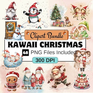 Kawaii Christmas Clipart, Christmas Clipart PNG Bundle, 48 PNG Kawaii Christmas Clipart Bundle, Instant Digital Download, Commercial Use