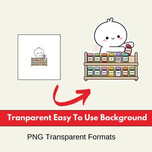 May include: A cartoon sticker featuring a white character with a smiling face holding a red jar labeled paprika. The character stands behind a two-tiered wooden spice rack filled with twelve colorful jars, each with a distinct spice label.