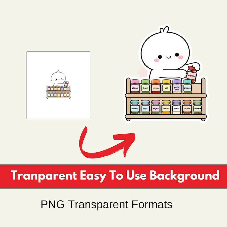 May include: A cartoon sticker featuring a white character with a smiling face holding a red jar labeled paprika. The character stands behind a two-tiered wooden spice rack filled with twelve colorful jars, each with a distinct spice label.