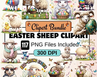 May include: A digital clipart bundle of 117 Easter sheep illustrations. The sheep are white with fluffy fur and are depicted in various poses, holding Easter eggs, baskets, and other Easter-themed items. The illustrations are in a cartoon style and are perfect for use in digital projects such as greeting cards, invitations, and social media posts.