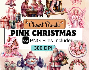 Pink Christmas Clipart, Christmas Clipart PNG Bundle, 63 PNG Pink Christmas Clipart Bundle, Instant Digital Download, Commercial Use