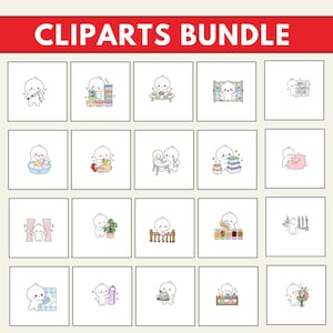 May include: A digital cliparts bundle featuring twenty individual square panels. Each panel displays a small, white, round-headed cartoon character performing various daily household tasks, including cooking, cleaning, and organizing items.