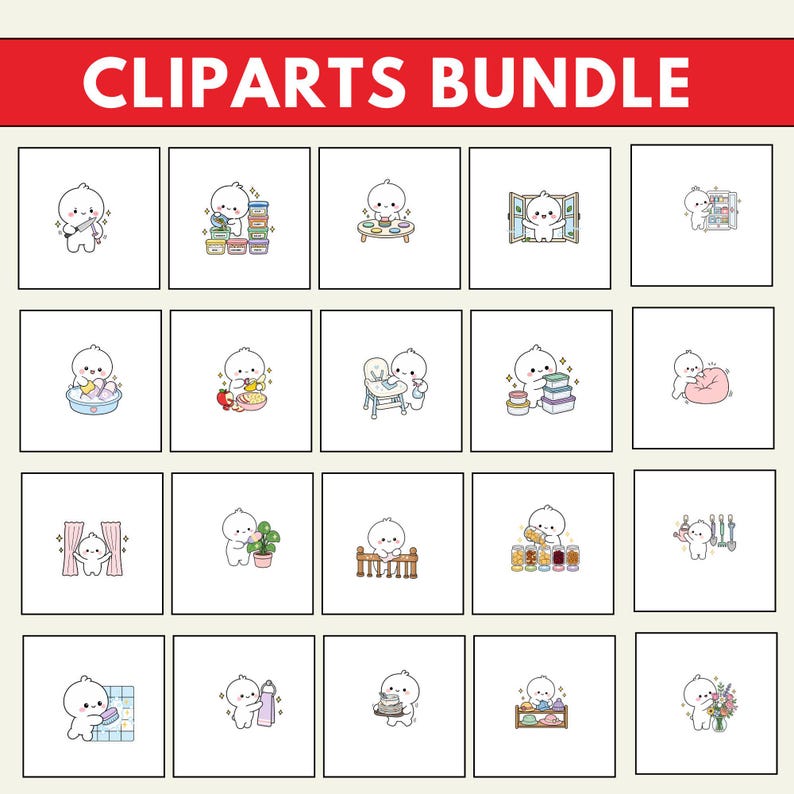 May include: A digital cliparts bundle featuring twenty individual square panels. Each panel displays a small, white, round-headed cartoon character performing various daily household tasks, including cooking, cleaning, and organizing items.