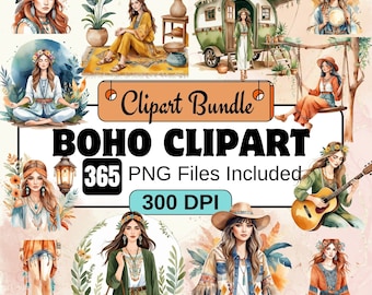 Clipart bohemio, paquete de clipart bohemio PNG, paquete de 185 cliparts bohemios en acuarela PNG, descarga digital instantánea, uso comercial