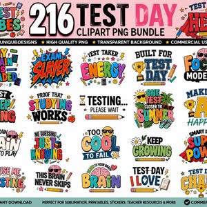 Puede incluir: Una colección digital de 216 diseños gráficos con temática de exámenes, con tipografía colorida e ilustraciones de lápices, cerebros, trofeos y soles. El texto incluye frases como Test Vibes, Exam Slayer, Focus Mode y Test Day Hero.