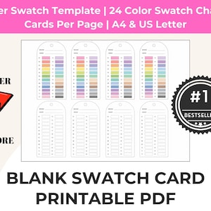 May include: A marker swatch template printable PDF featuring eight tag-shaped cards. The top four cards display 24 colorful rectangular swatches each, while the bottom four cards are blank. Text includes Marker Swatch Template, 24 Color Swatch Chart, 4 Cards Per Page, A4 & US Letter, After, Before, and #1 Bestseller.
