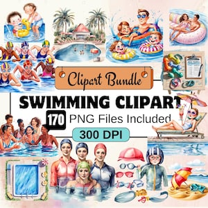 May include: A watercolour clipart bundle of swimming pool and beach illustrations. The bundle includes 170 PNG files at 300 DPI. The illustrations include people swimming, sunbathing, and playing in the water. There are also illustrations of pool floats, towels, and other beach accessories.