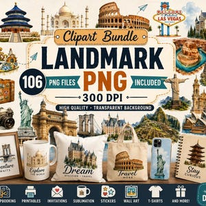 Peut inclure: Un ensemble de cliparts numériques comprenant 106 fichiers PNG de monuments avec une résolution de 300 DPI. La collection présente des illustrations à l'aquarelle de sites mondiaux, d'objets de voyage et de panneaux décoratifs sur divers supports.