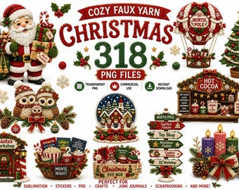 Faux Yarn Christmas Clipart Bundle PNG Cozy Holiday Clipart Pack Crochet Knit Christmas Graphics Santa Tree Reindeer Candy Cane PNG Winter