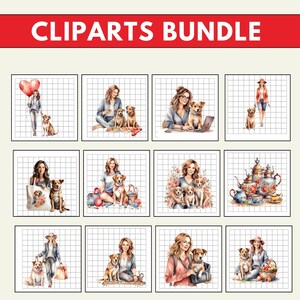 May include: A set of 9 watercolor illustrations featuring women with dogs. The illustrations are in a cartoon style and feature various scenes, including a woman walking her dog, a woman sitting with her dog, and a woman with her dog in a park. The illustrations are perfect for use in digital scrapbooking, card making, and other craft projects.