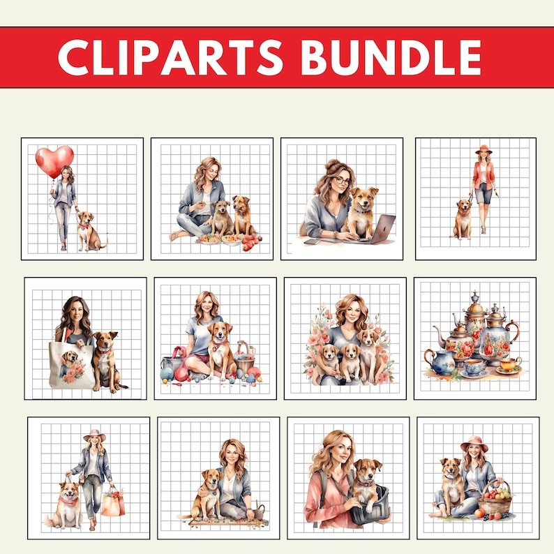May include: A set of 9 watercolor illustrations featuring women with dogs. The illustrations are in a cartoon style and feature various scenes, including a woman walking her dog, a woman sitting with her dog, and a woman with her dog in a park. The illustrations are perfect for use in digital scrapbooking, card making, and other craft projects.