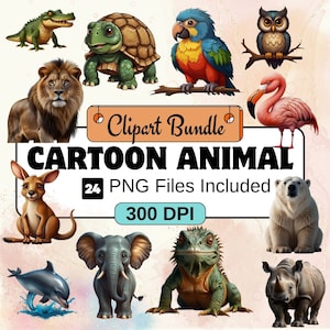 Cartoon Animal clipart, Animal Clipart PNG Bundle, 24 PNG  Cartoon Animal  Clipart Bundle, Instant Digital Download, Commercial Use