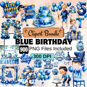 900 Clipart de cumpleaños azul PNG, Cumpleaños de niño PNG, Ilustración de fiesta de cumpleaños azul, Cumpleaños de acuarela, Globos azules, Pastel azul, Cumpleaños de niño