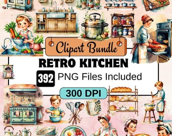 Retro keuken clipart PNG, vintage keuken illustratie, halverwege de eeuw koken digitale kunst, jaren 1950 keuken graphics, retro clipart, retro huisvrouw
