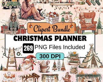 Clipart de planejador de Natal, pacote de clipart de Natal PNG, planejador aconchegante em aquarela, planejador de inverno, clipart de diário, livros de Natal, diário