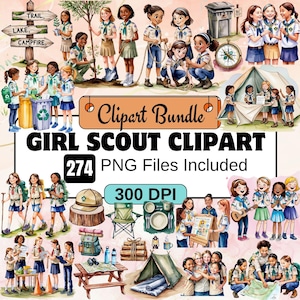 274Scout Girl Clipart, Girl Scout Aquarell PNG Bundle, Scout Truppe Grafik, Camping Clipart, Abenteuer, Reise, Scout pngsüße Scout Illustration