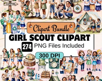 May include: A digital clipart bundle featuring Girl Scout illustrations. The image includes various scenes of Girl Scouts engaged in outdoor activities, such as camping, hiking, and recycling. The text includes "Girl Scout Clipart," "274 PNG Files Included," and "300 DPI."