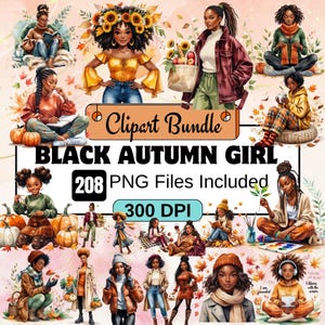208Black Autumn Girl Clipart,Fall Girl PNG Bundle,Cozy Fall Black Woman Afro American Fall Fashion,Black girl Clipart,Black Woman Fashion