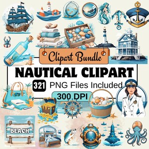 Nautical Clipart, Beach Clipart, Travel Clipart, Ocean Clipart PNG Bundle, 321 PNG Nautical  Clipart Bundle, Instant Digital Download