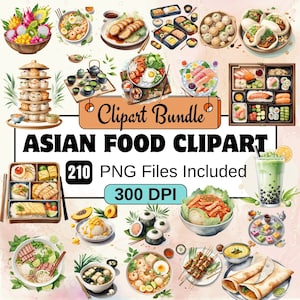 Asian Food Clipart, Watercolor Asian food, Asian Food Box Clipart, PNG Bundle, 25 Asian Food Clipart Bundle,Fruits Clipart,Digital Download,