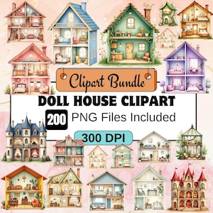 200 dockhus clipart, söt dockhus PNG-paket, möbler, dockrumsillustrationer, söt rumsdekor, dockhus png, akvarell dockhus