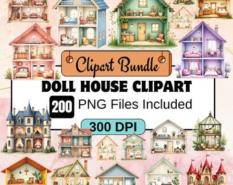 200 poppenhuis clipart, schattige poppenhuis png-bundel, meubels, kamers poppen illustraties, schattige kamer decor, poppenhuis png, aquarel poppenhuis